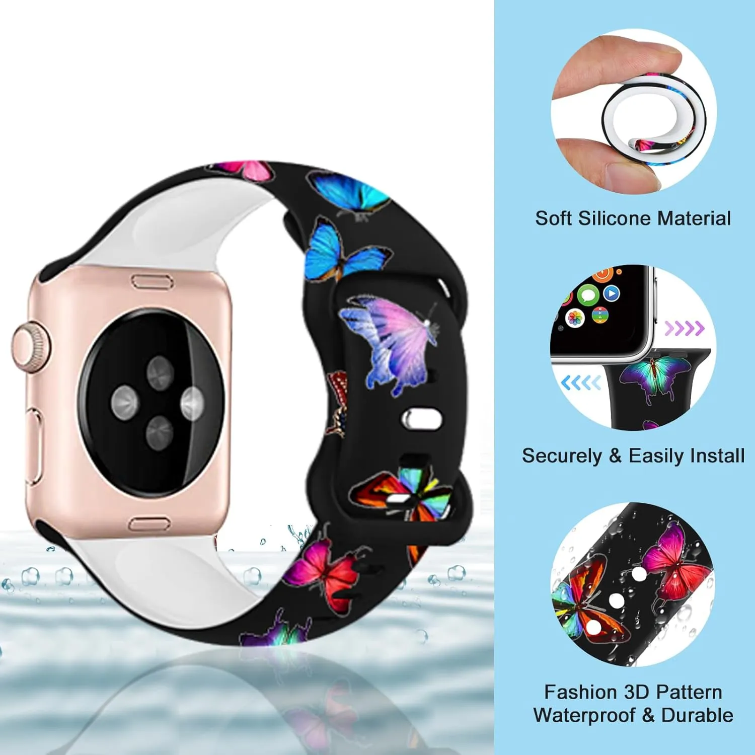 Brigtlaiff Sport Band Compatible with Apple Watch Band Series 9/8/7/6/5/4/3/2/1/SE/Ultra, iWatch Bands 38mm 40mm 41mm 42mm 44mm 45mm 49mm for Women Men, Butterfly/Leopard Printed Silicone Strap Bands