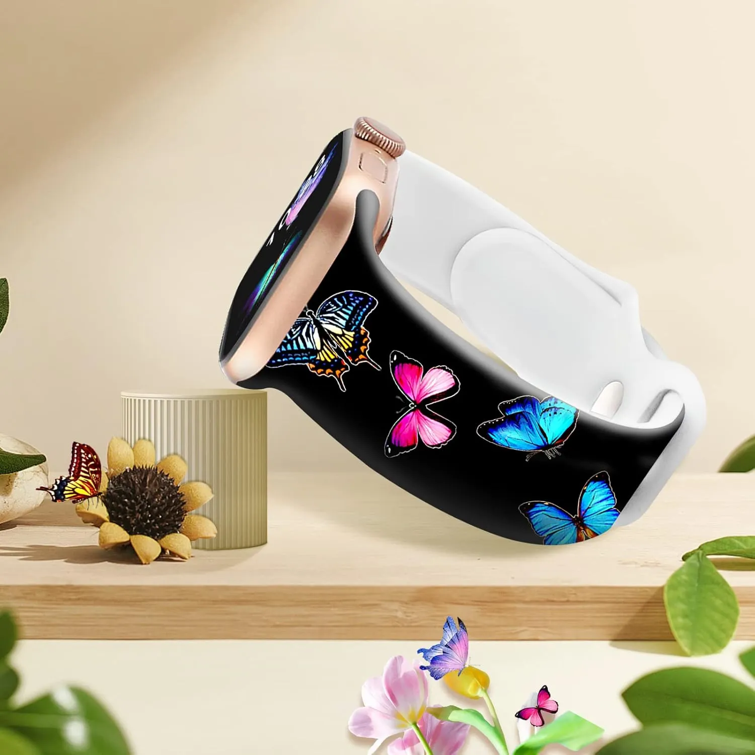 Brigtlaiff Sport Band Compatible with Apple Watch Band Series 9/8/7/6/5/4/3/2/1/SE/Ultra, iWatch Bands 38mm 40mm 41mm 42mm 44mm 45mm 49mm for Women Men, Butterfly/Leopard Printed Silicone Strap Bands