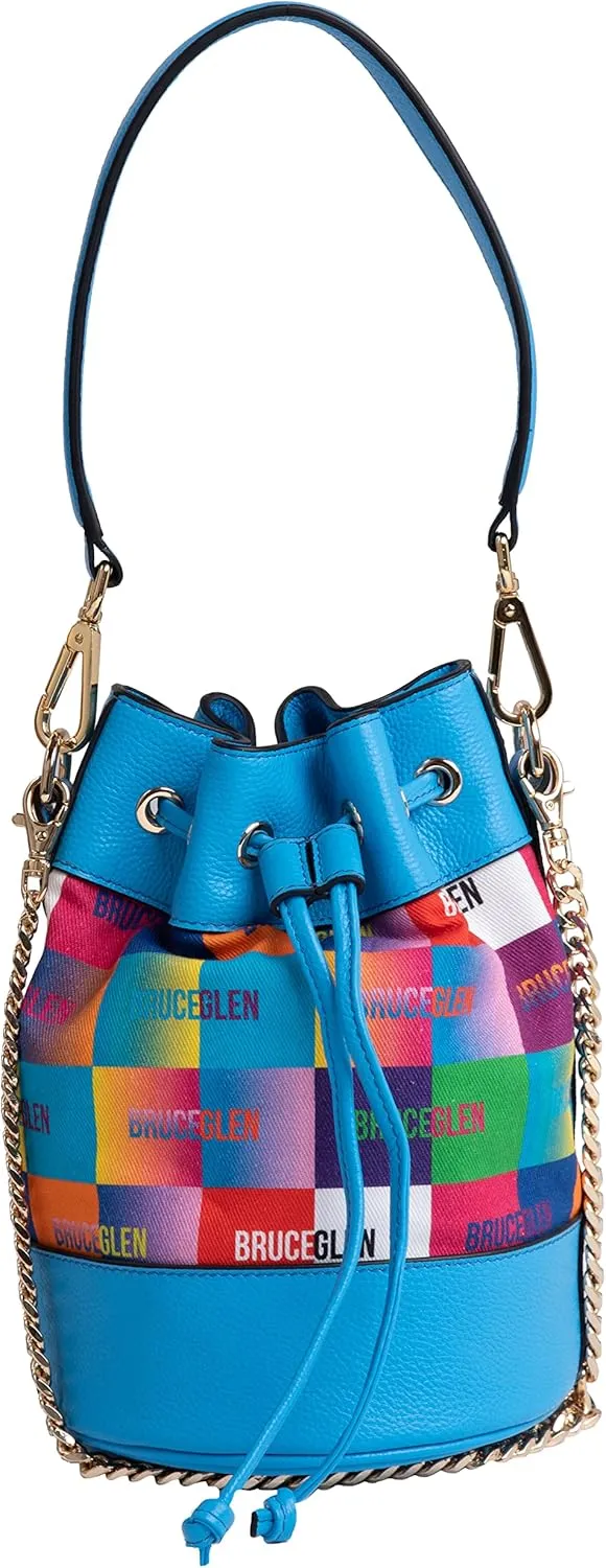 BruceGlen Womens Convertible Drawstring Bucket Bag, Happy Logo Leather, One Size