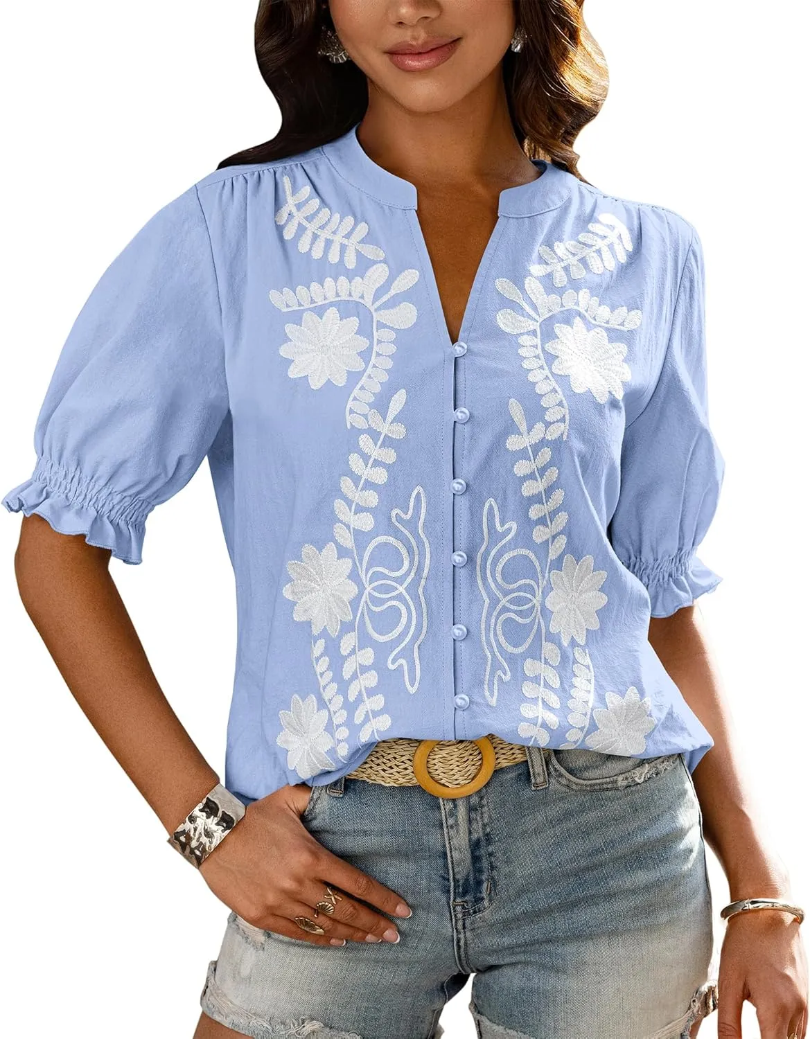 BTFBM Women's 2025 Summer Tops Casual Floral Boho V Neck Puff Short Sleeve Button Down Shirts Embroidered Blouses Tunic