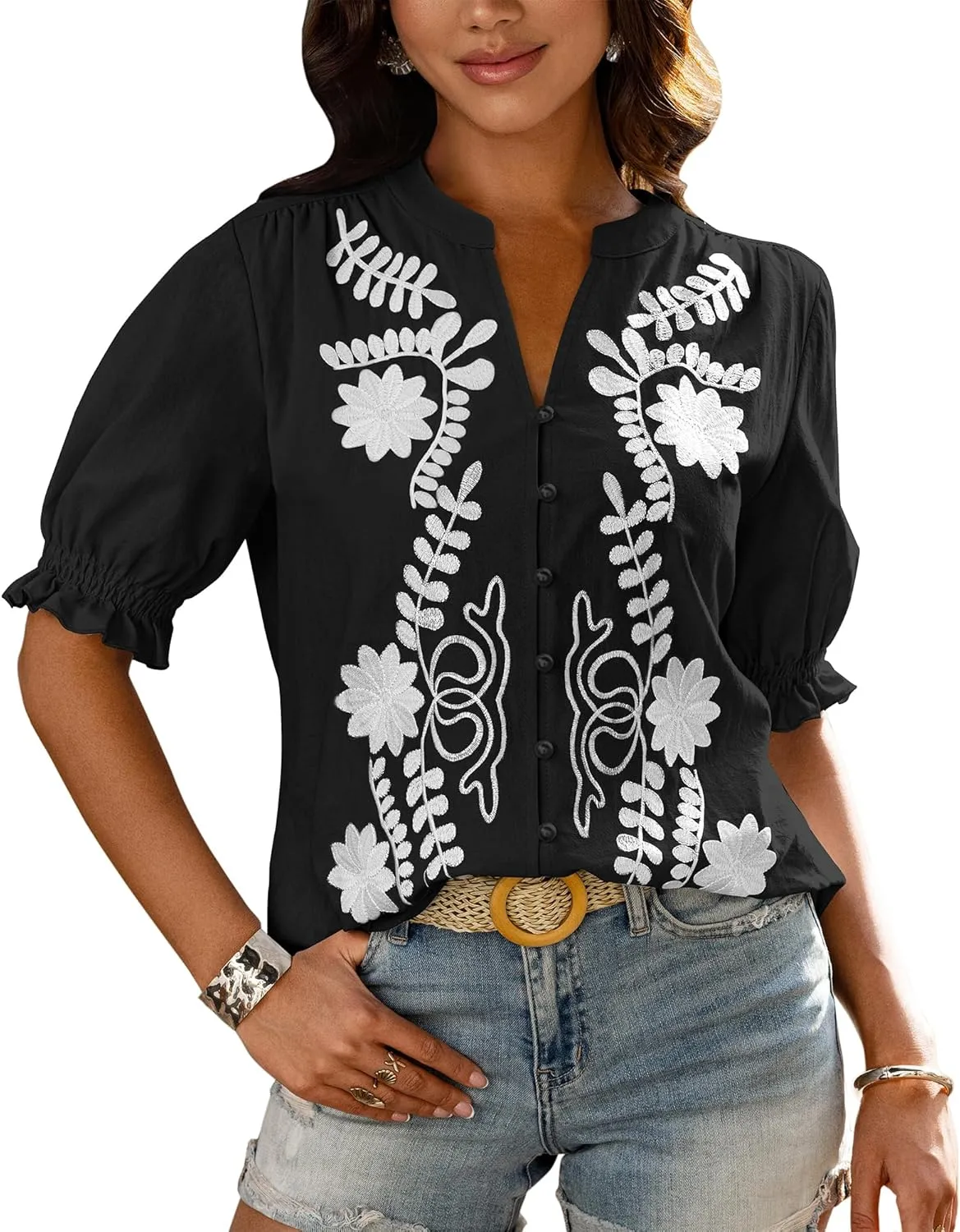 BTFBM Women's 2025 Summer Tops Casual Floral Boho V Neck Puff Short Sleeve Button Down Shirts Embroidered Blouses Tunic