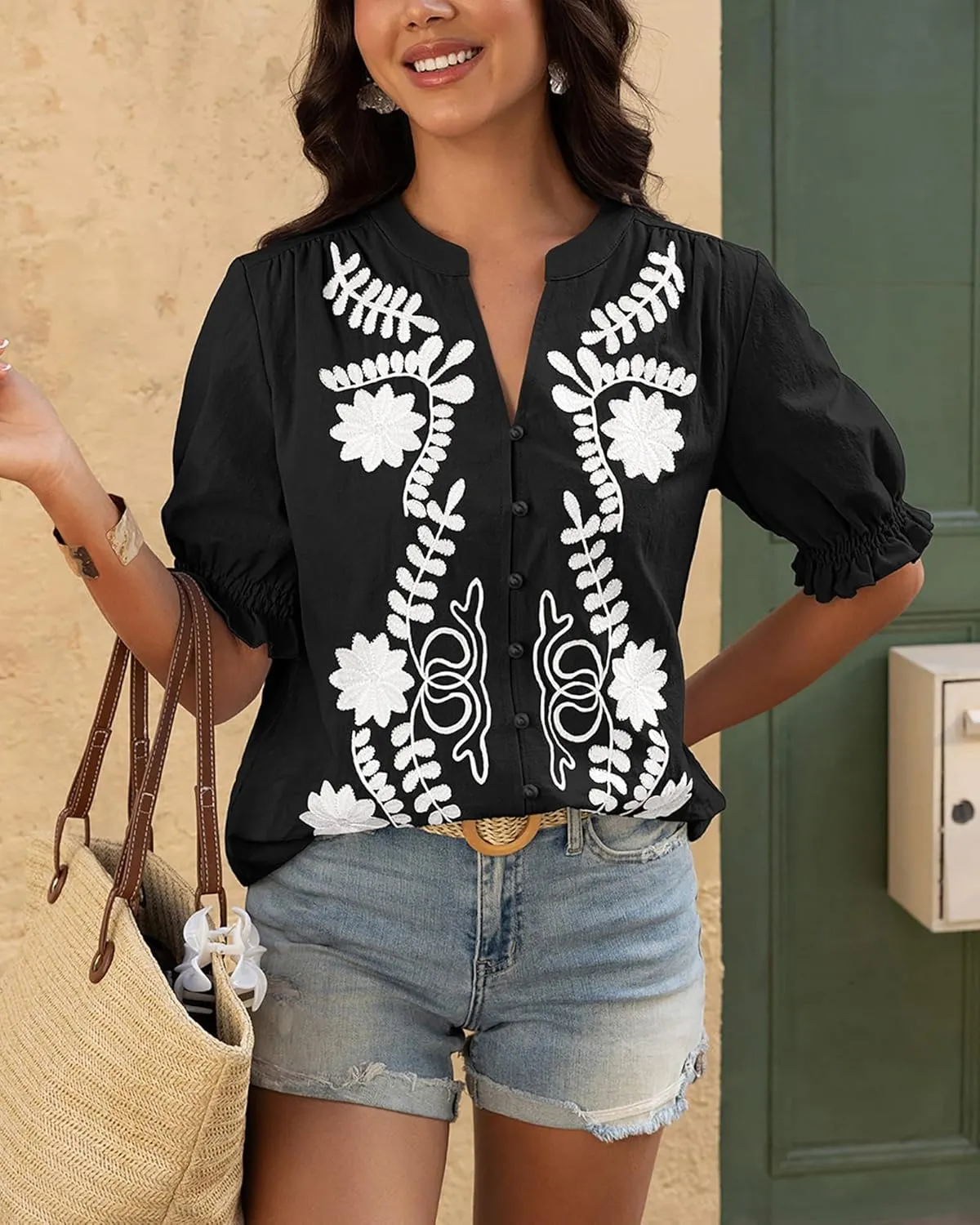 BTFBM Women's 2025 Summer Tops Casual Floral Boho V Neck Puff Short Sleeve Button Down Shirts Embroidered Blouses Tunic