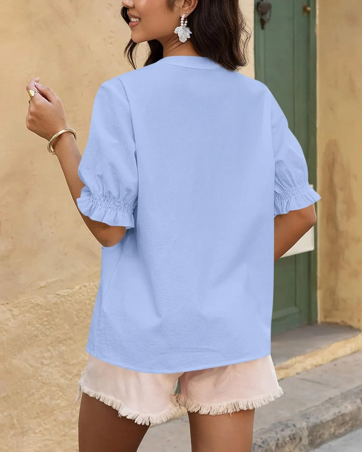 BTFBM Women's 2025 Summer Tops Casual Floral Boho V Neck Puff Short Sleeve Button Down Shirts Embroidered Blouses Tunic