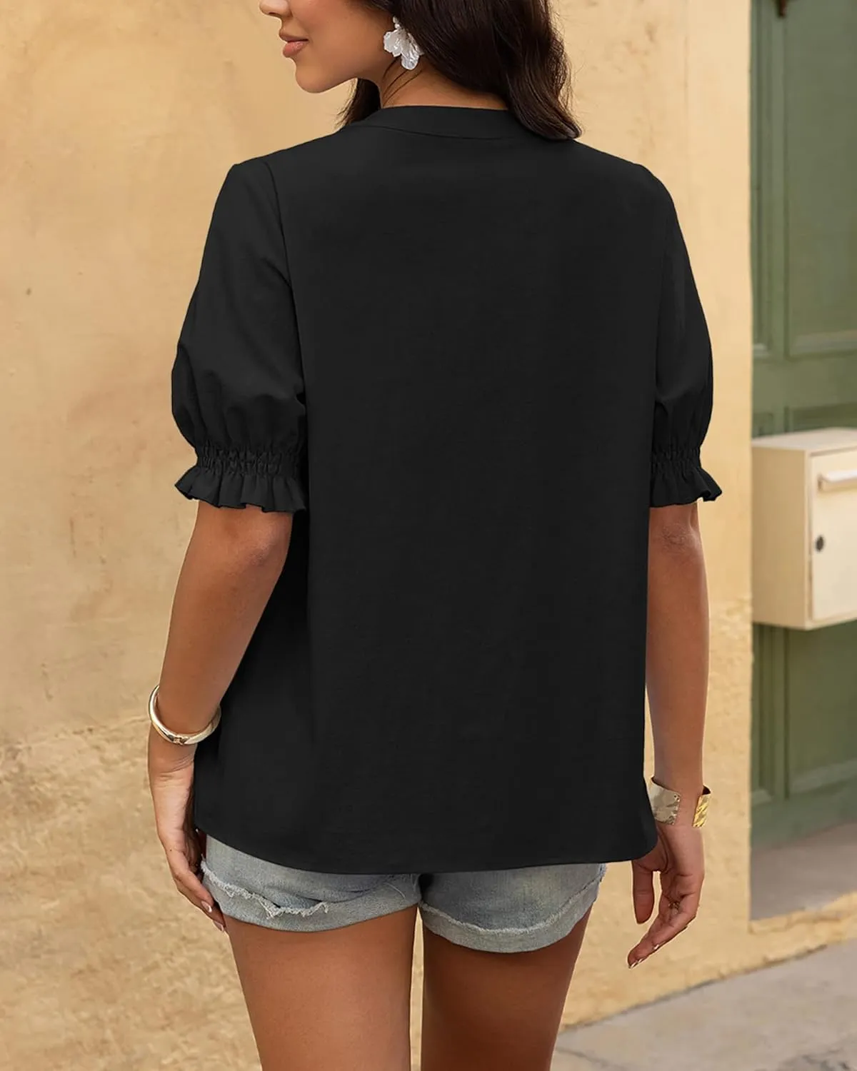 BTFBM Women's 2025 Summer Tops Casual Floral Boho V Neck Puff Short Sleeve Button Down Shirts Embroidered Blouses Tunic
