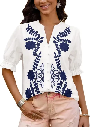 BTFBM Women's 2025 Summer Tops Casual Floral Boho V Neck Puff Short Sleeve Button Down Shirts Embroidered Blouses Tunic