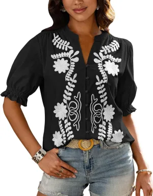 BTFBM Women's 2025 Summer Tops Casual Floral Boho V Neck Puff Short Sleeve Button Down Shirts Embroidered Blouses Tunic