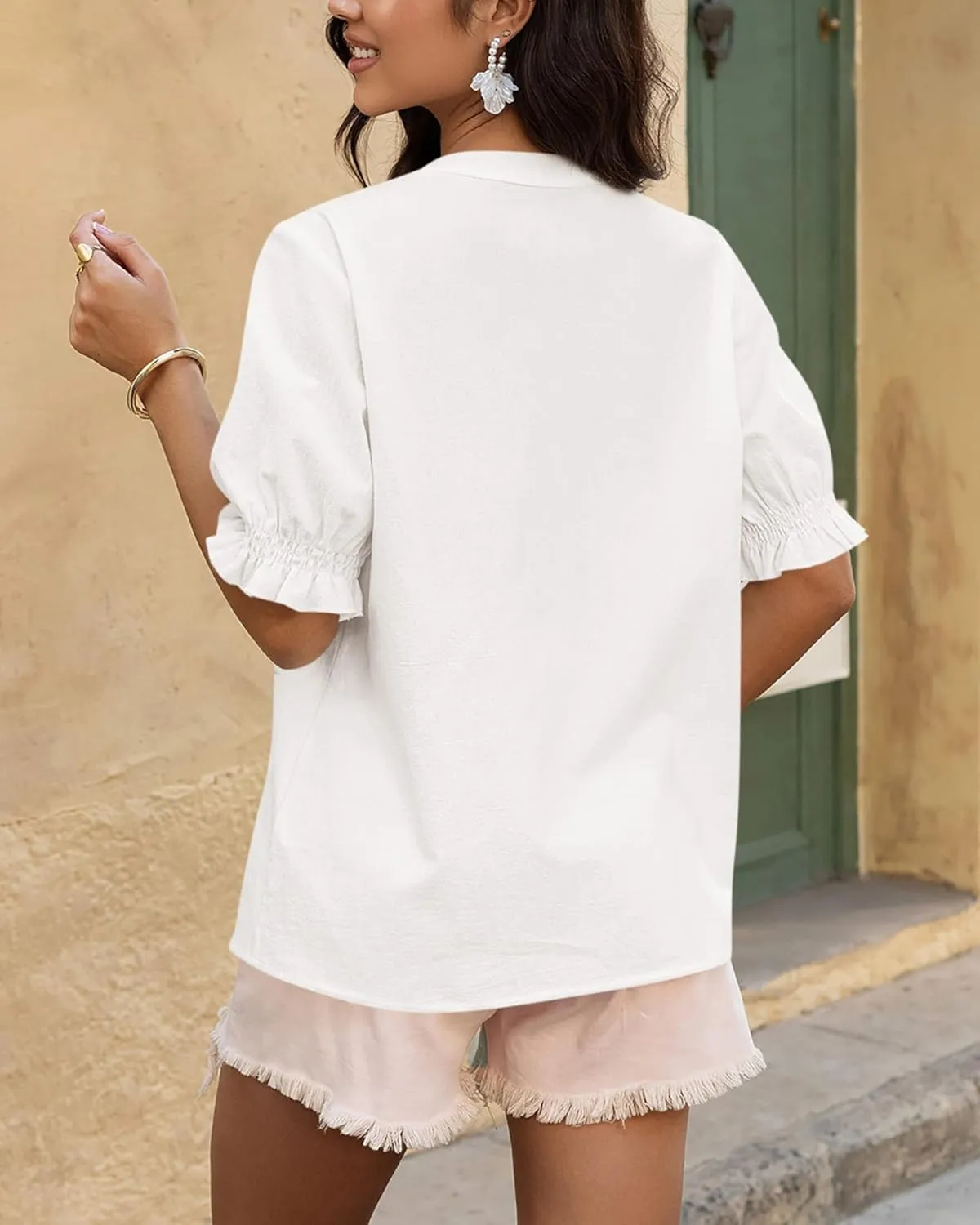 BTFBM Women's 2025 Summer Tops Casual Floral Boho V Neck Puff Short Sleeve Button Down Shirts Embroidered Blouses Tunic