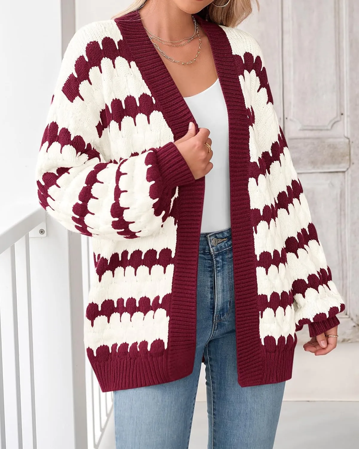 BTFBM Womens Open Front Cardigan Sweater 2024 Fall Winter Long Sleeve Loose Color Block Chunky Cable Knit Outerwear Coat