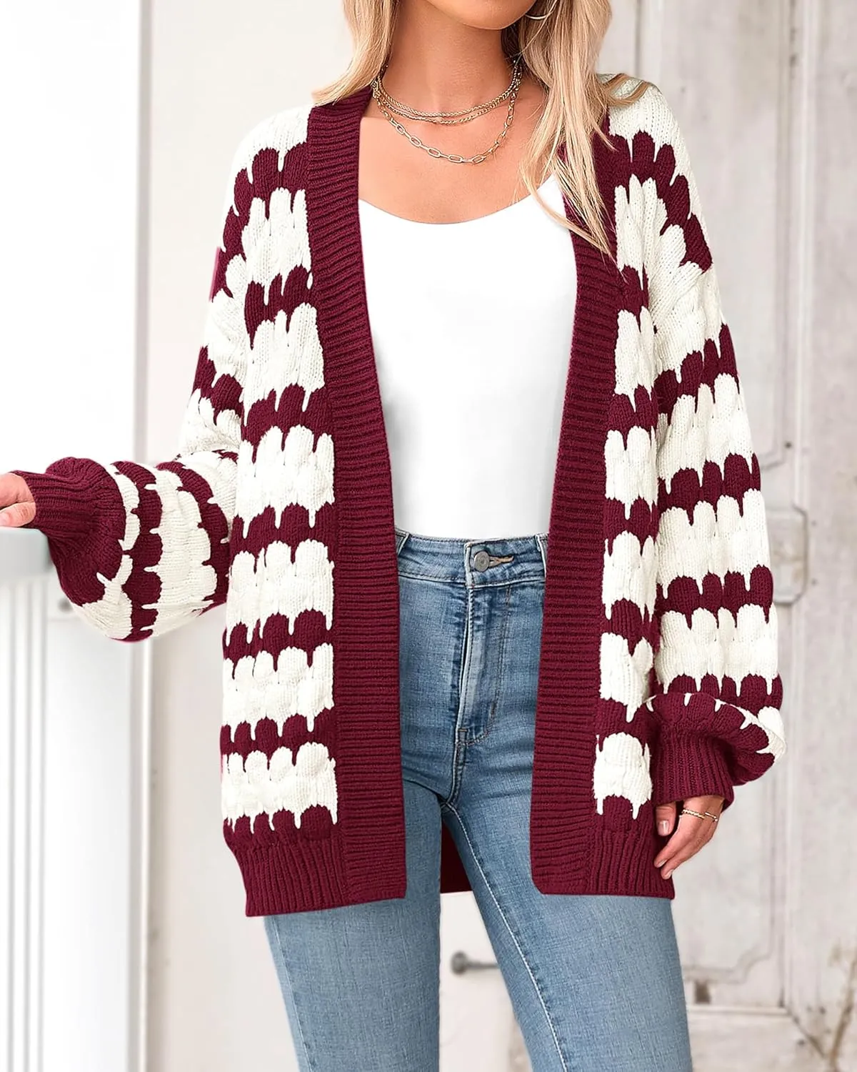 BTFBM Womens Open Front Cardigan Sweater 2024 Fall Winter Long Sleeve Loose Color Block Chunky Cable Knit Outerwear Coat