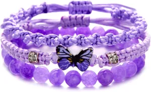 Caiyao 3Pcs Bohemia Colorful Butterfly Charm Bracelets Set Handmade Stackable Butterfly Amimals Braided 8mm Beaded Stretch Bracelets Multilayer Beach Anklets for Women Summer Beach Jewelry Gifts
