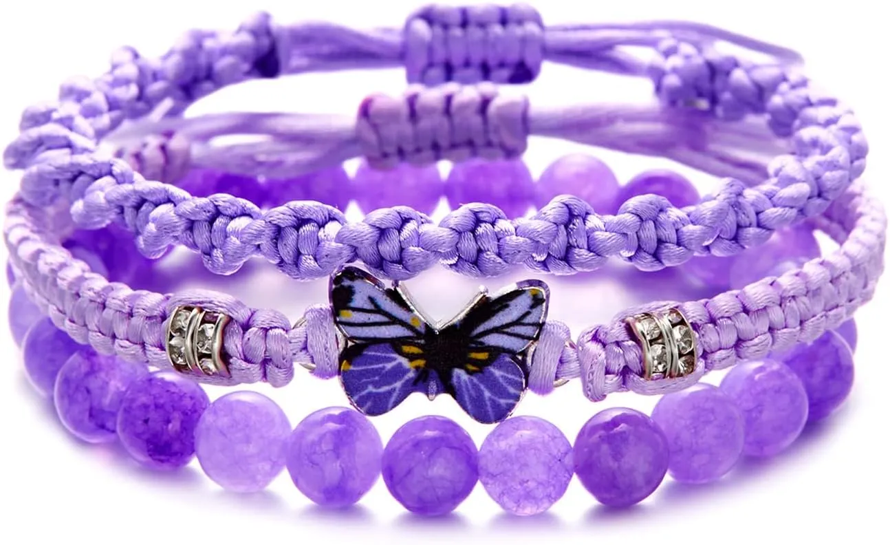 Caiyao 3Pcs Bohemia Colorful Butterfly Charm Bracelets Set Handmade Stackable Butterfly Amimals Braided 8mm Beaded Stretch Bracelets Multilayer Beach Anklets for Women Summer Beach Jewelry Gifts