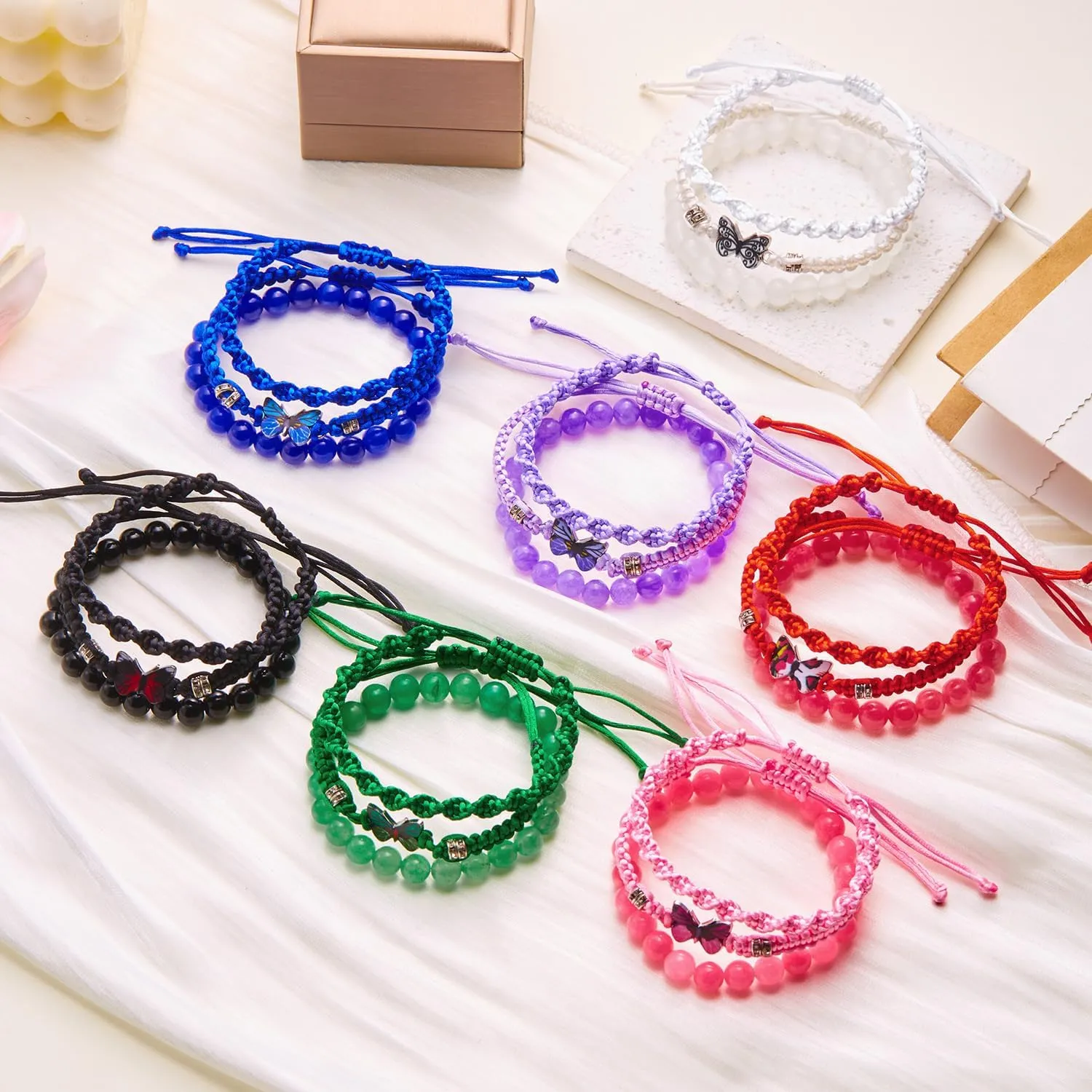 Caiyao 3Pcs Bohemia Colorful Butterfly Charm Bracelets Set Handmade Stackable Butterfly Amimals Braided 8mm Beaded Stretch Bracelets Multilayer Beach Anklets for Women Summer Beach Jewelry Gifts