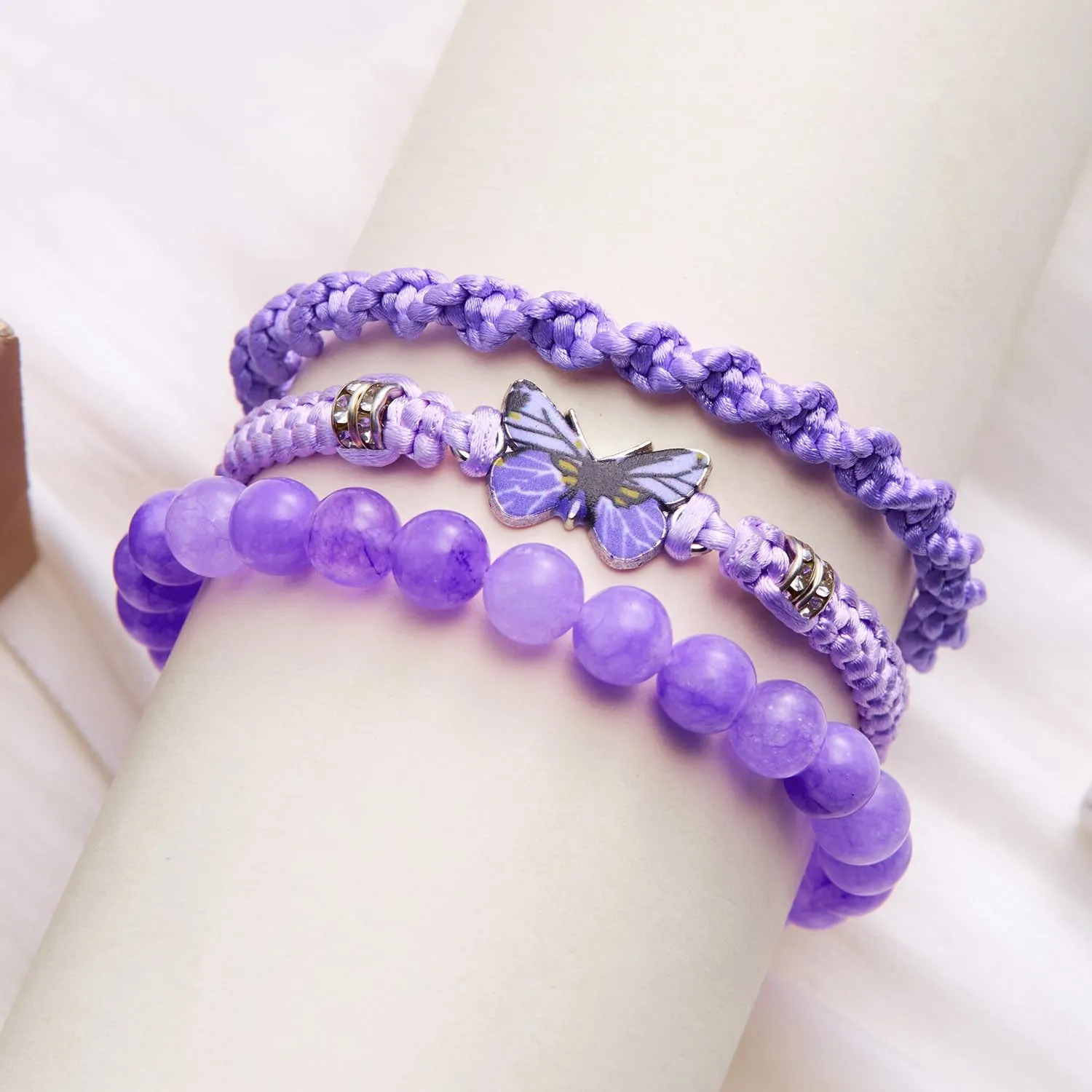 Caiyao 3Pcs Bohemia Colorful Butterfly Charm Bracelets Set Handmade Stackable Butterfly Amimals Braided 8mm Beaded Stretch Bracelets Multilayer Beach Anklets for Women Summer Beach Jewelry Gifts