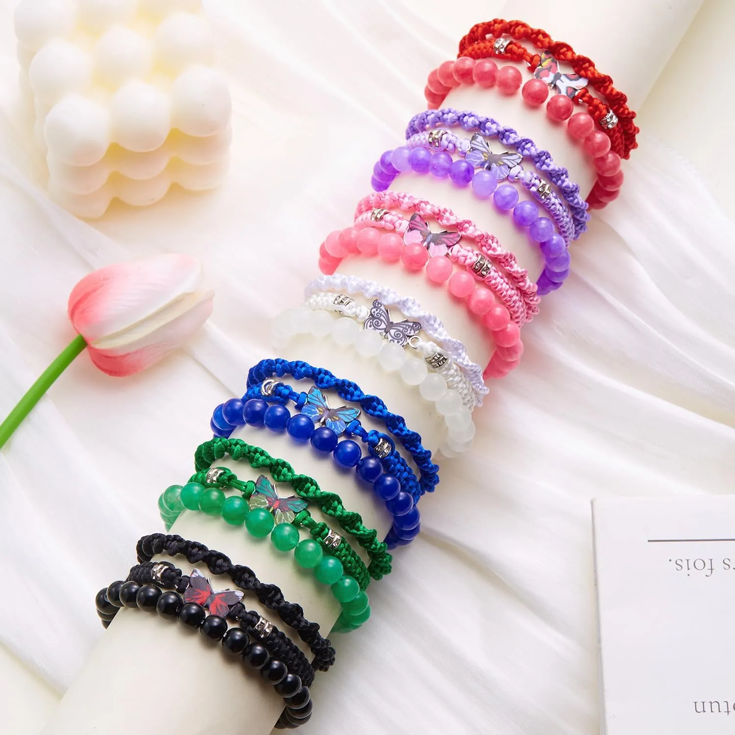 Caiyao 3Pcs Bohemia Colorful Butterfly Charm Bracelets Set Handmade Stackable Butterfly Amimals Braided 8mm Beaded Stretch Bracelets Multilayer Beach Anklets for Women Summer Beach Jewelry Gifts