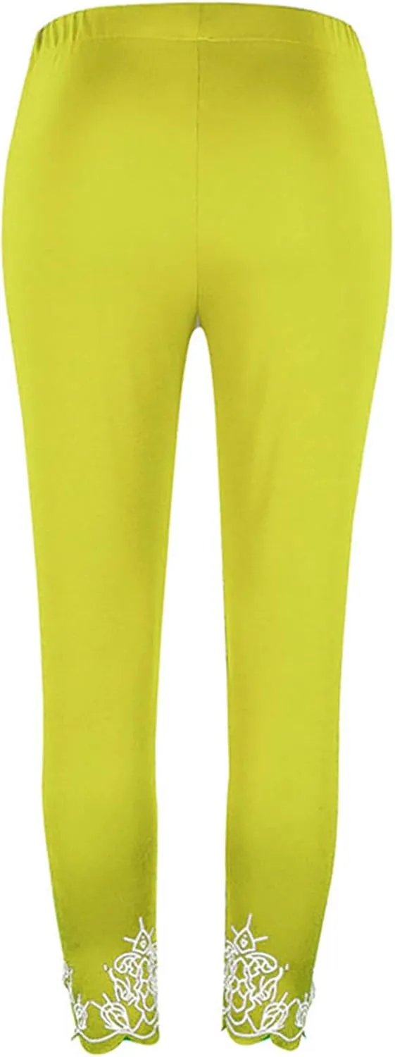 Capris Pants for Women High Waisted Yoga Cropped Pants Plus Size Summer Athletic Exercise Workout Lace Leggings Tights