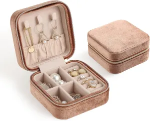CASEGRACE Travel Jewelry Case, Plush Velvet Jewelry Box Small Jewelry Travel Organizer Display Rings Necklace Bracelet Earrings Storage Case for Women Girls, Sand Brown