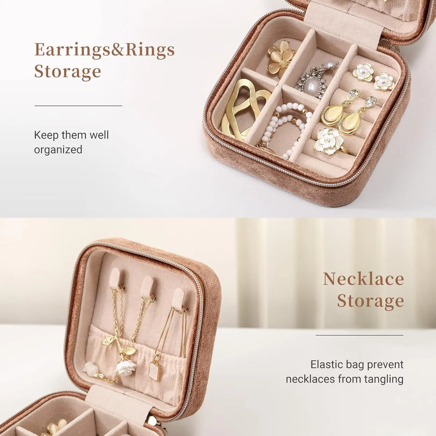 CASEGRACE Travel Jewelry Case, Plush Velvet Jewelry Box Small Jewelry Travel Organizer Display Rings Necklace Bracelet Earrings Storage Case for Women Girls, Sand Brown