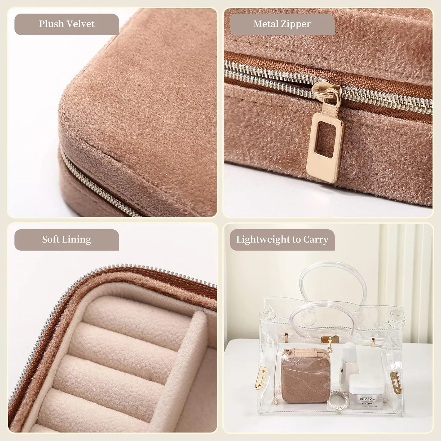 CASEGRACE Travel Jewelry Case, Plush Velvet Jewelry Box Small Jewelry Travel Organizer Display Rings Necklace Bracelet Earrings Storage Case for Women Girls, Sand Brown