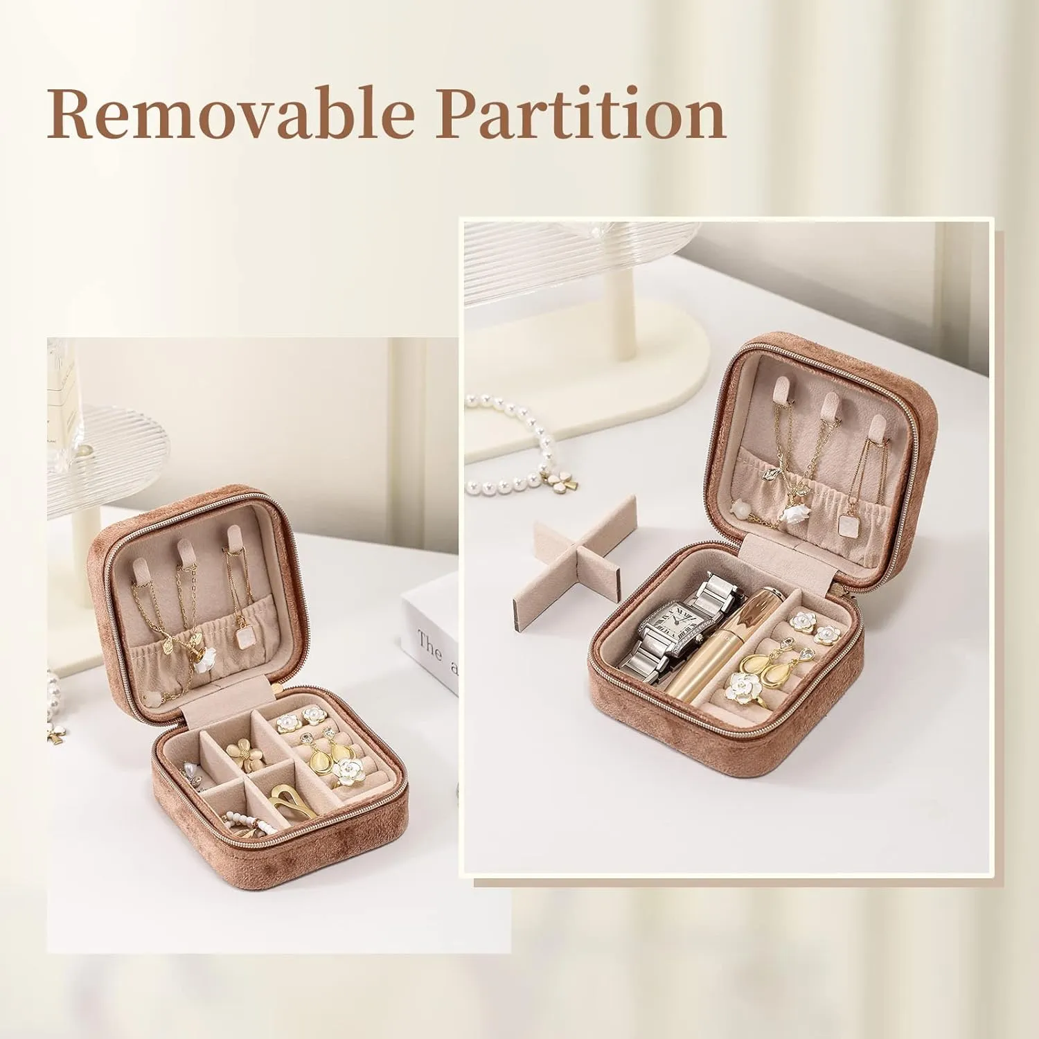 CASEGRACE Travel Jewelry Case, Plush Velvet Jewelry Box Small Jewelry Travel Organizer Display Rings Necklace Bracelet Earrings Storage Case for Women Girls, Sand Brown