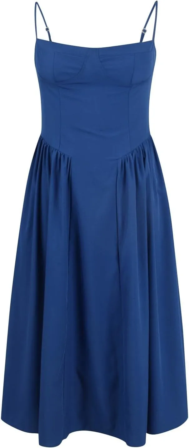 Casual Summer Dresses for Women Spaghetti Strap Midi Dresses Low Cut Bustier Dress with Pockets