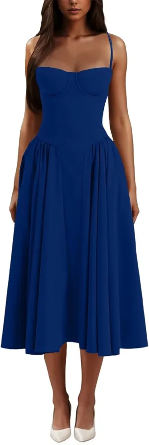 Casual Summer Dresses for Women Spaghetti Strap Midi Dresses Low Cut Bustier Dress with Pockets
