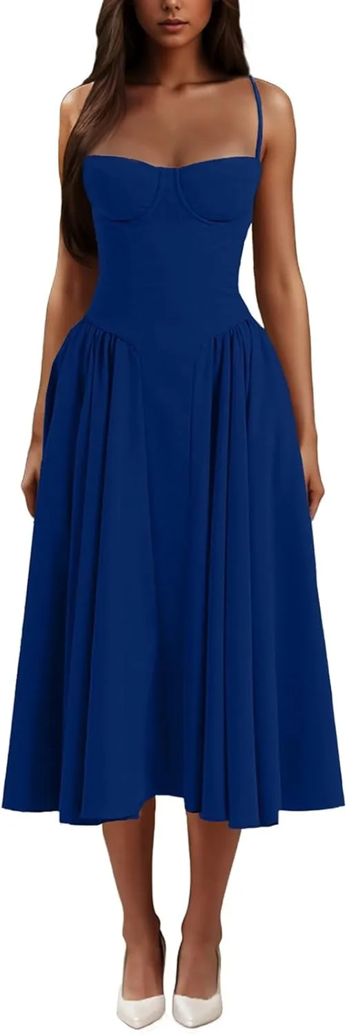 Casual Summer Dresses for Women Spaghetti Strap Midi Dresses Low Cut Bustier Dress with Pockets