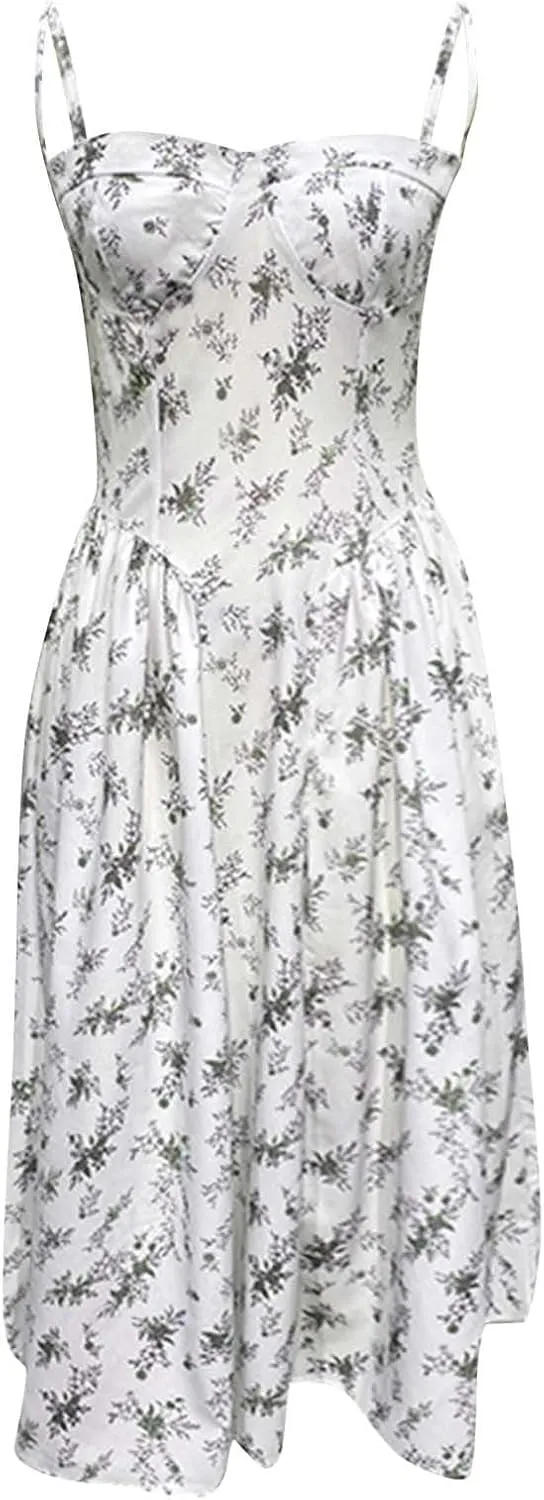 Casual Summer Dresses for Women Spaghetti Strap Midi Dresses Low Cut Bustier Dress with Pockets