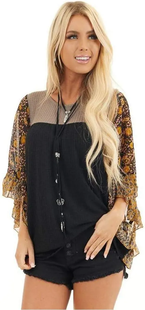 CASURESS Womens Floral Printed 3 4 Sleeve Shirt Batwing Loose Tops Blouses Pullover