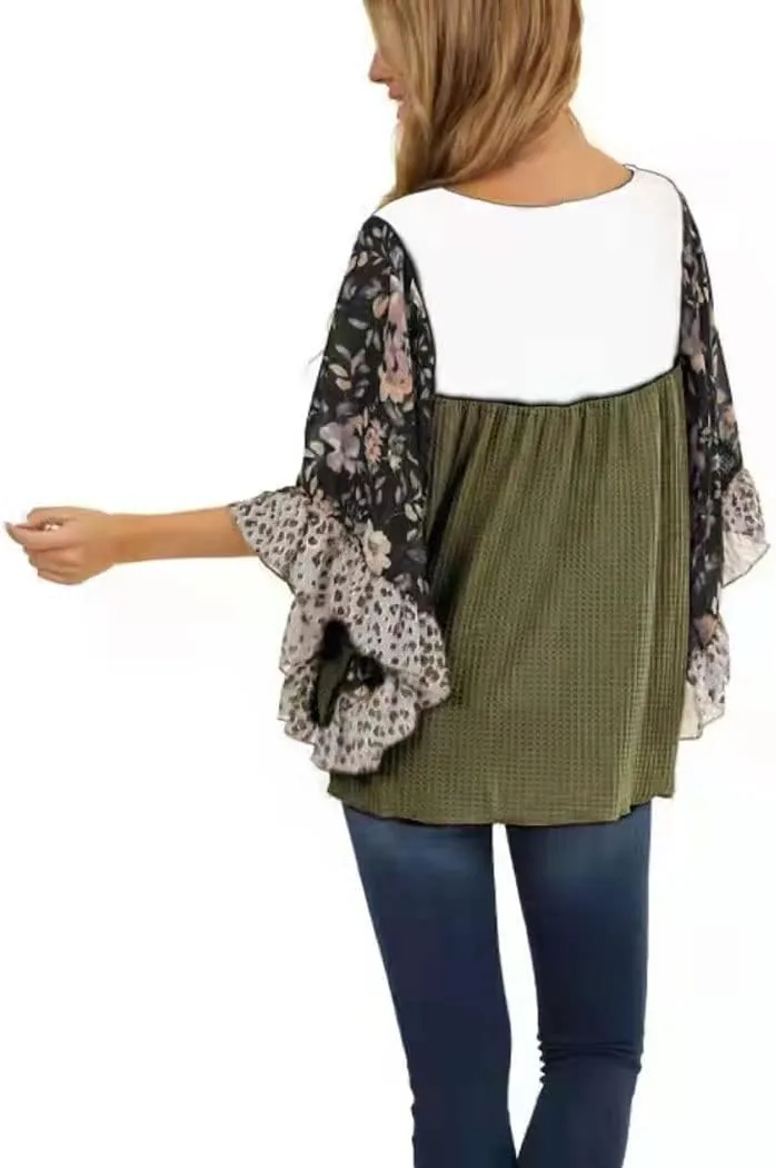 CASURESS Womens Floral Printed 3 4 Sleeve Shirt Batwing Loose Tops Blouses Pullover