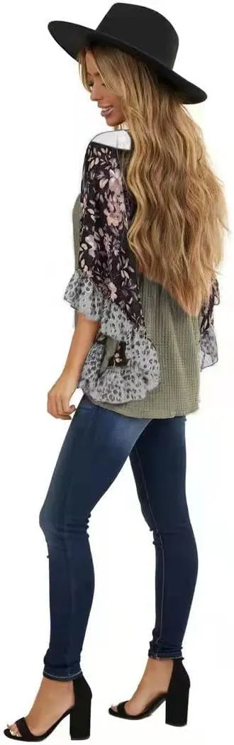 CASURESS Womens Floral Printed 3 4 Sleeve Shirt Batwing Loose Tops Blouses Pullover