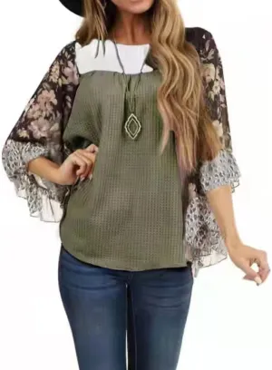 CASURESS Womens Floral Printed 3 4 Sleeve Shirt Batwing Loose Tops Blouses Pullover