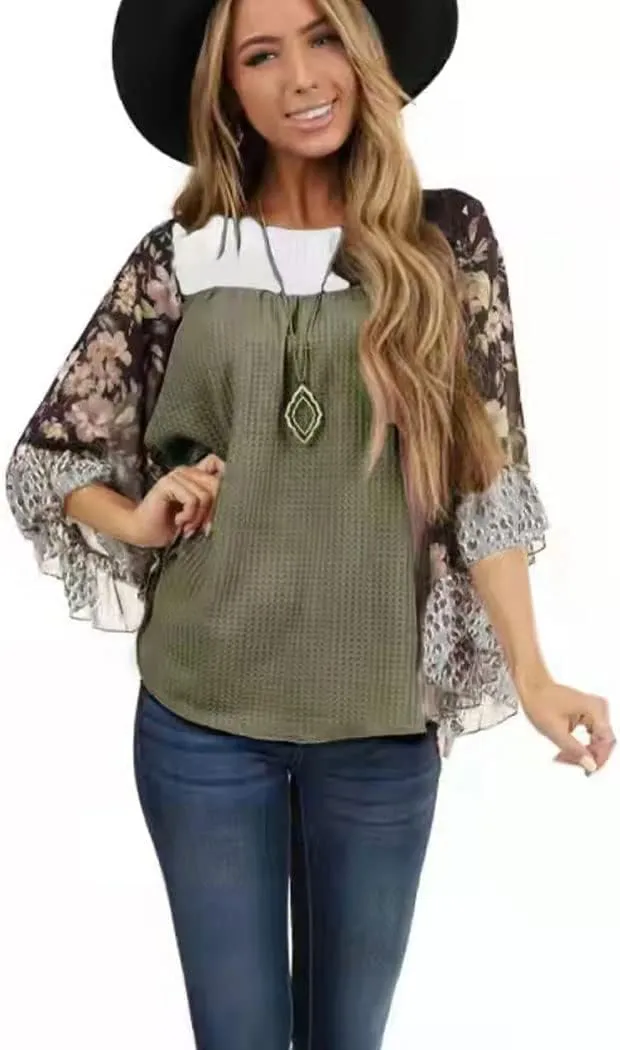 CASURESS Womens Floral Printed 3 4 Sleeve Shirt Batwing Loose Tops Blouses Pullover