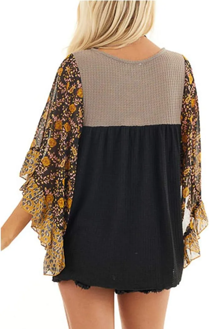 CASURESS Womens Floral Printed 3 4 Sleeve Shirt Batwing Loose Tops Blouses Pullover