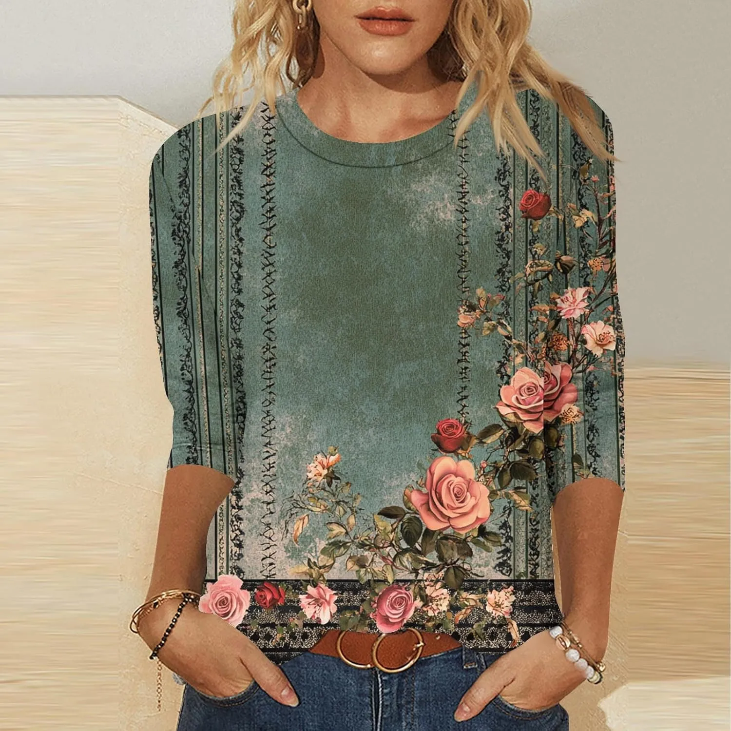 Ceboyel 3/4 Sleeve Tops for Women Summer Floral Paisley Print Tees Shirts Trendy Ladies Blouses Dressy Casual Clothing 2023