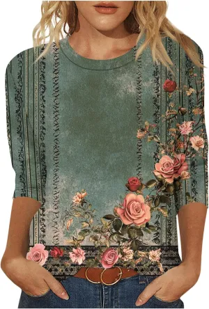 Ceboyel 3/4 Sleeve Tops for Women Summer Floral Paisley Print Tees Shirts Trendy Ladies Blouses Dressy Casual Clothing 2023
