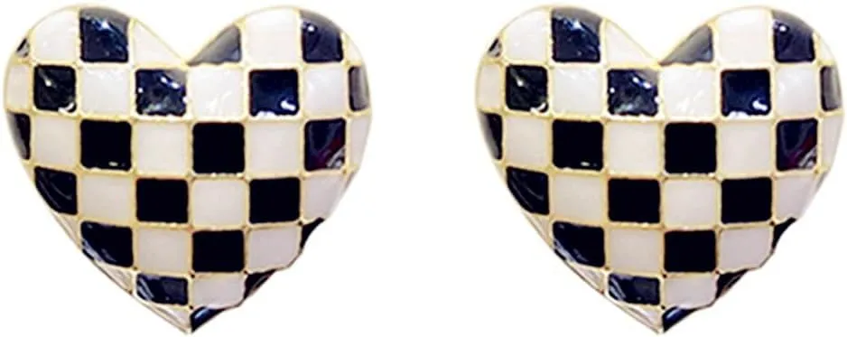 Checker Heart Stud Earrings for Women Unique Temperament Enamel Black White Striped Checkerboard Lightweight Small Earrings for Minimalist Valentines Day Birthday Anniversary Fashion Jewelry Gifts