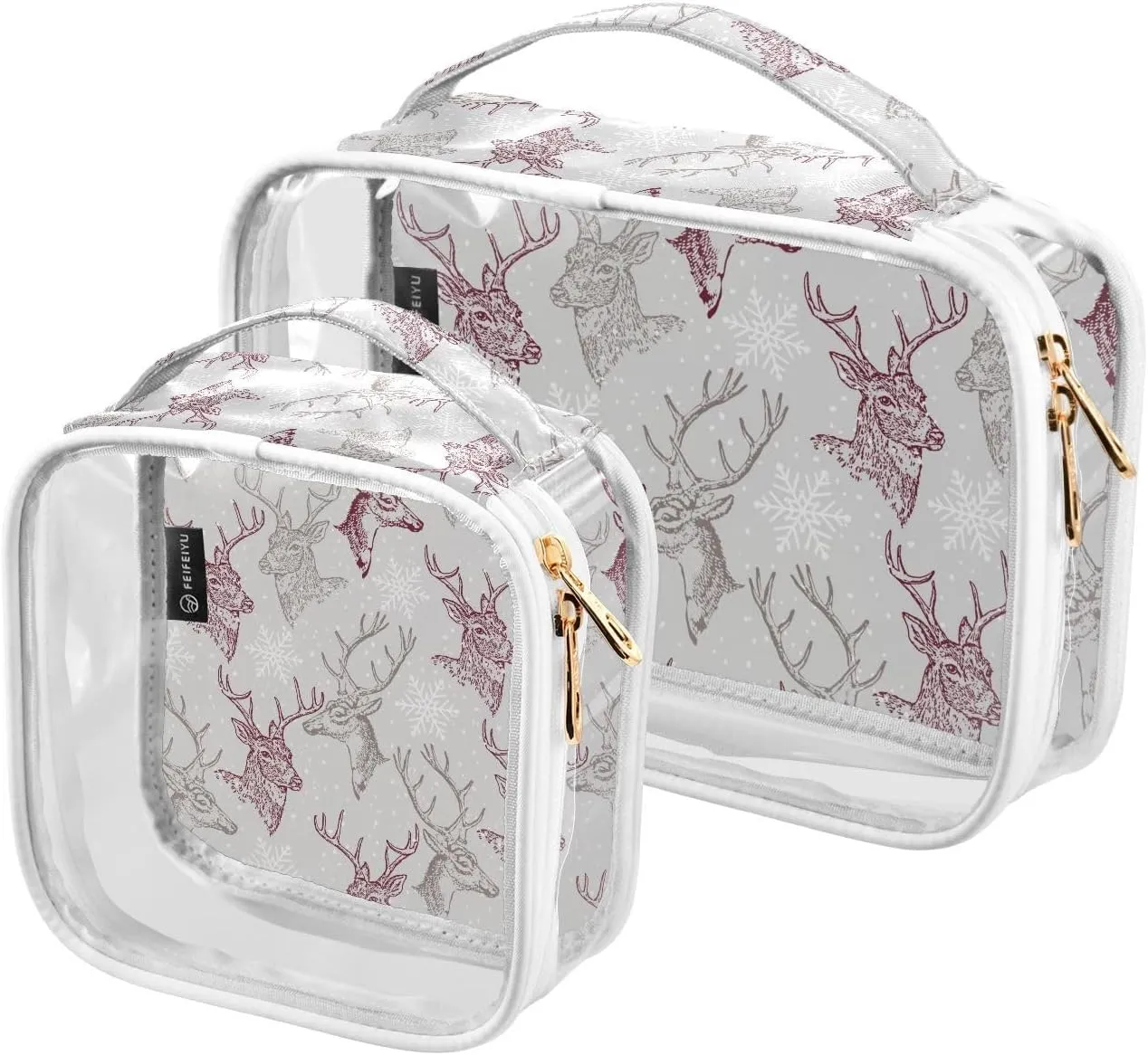 Christmas-reindeer-cartoon 2 Pieces Clear Makeup Cosmetic Bags for Traveling Vacation Organizing, Toiletry Bags for Women Men, PVC Waterproof Travel Organizer