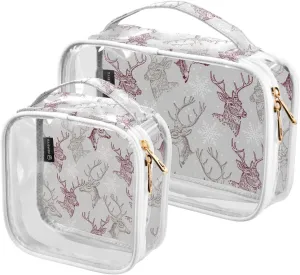 Christmas-reindeer-cartoon 2 Pieces Clear Makeup Cosmetic Bags for Traveling Vacation Organizing, Toiletry Bags for Women Men, PVC Waterproof Travel Organizer