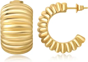 Chunky Gold Earrings for Women, 18k Gold Plated Chunky Hoops, Trendy Statement Large Gold Hoop Earrings Studs