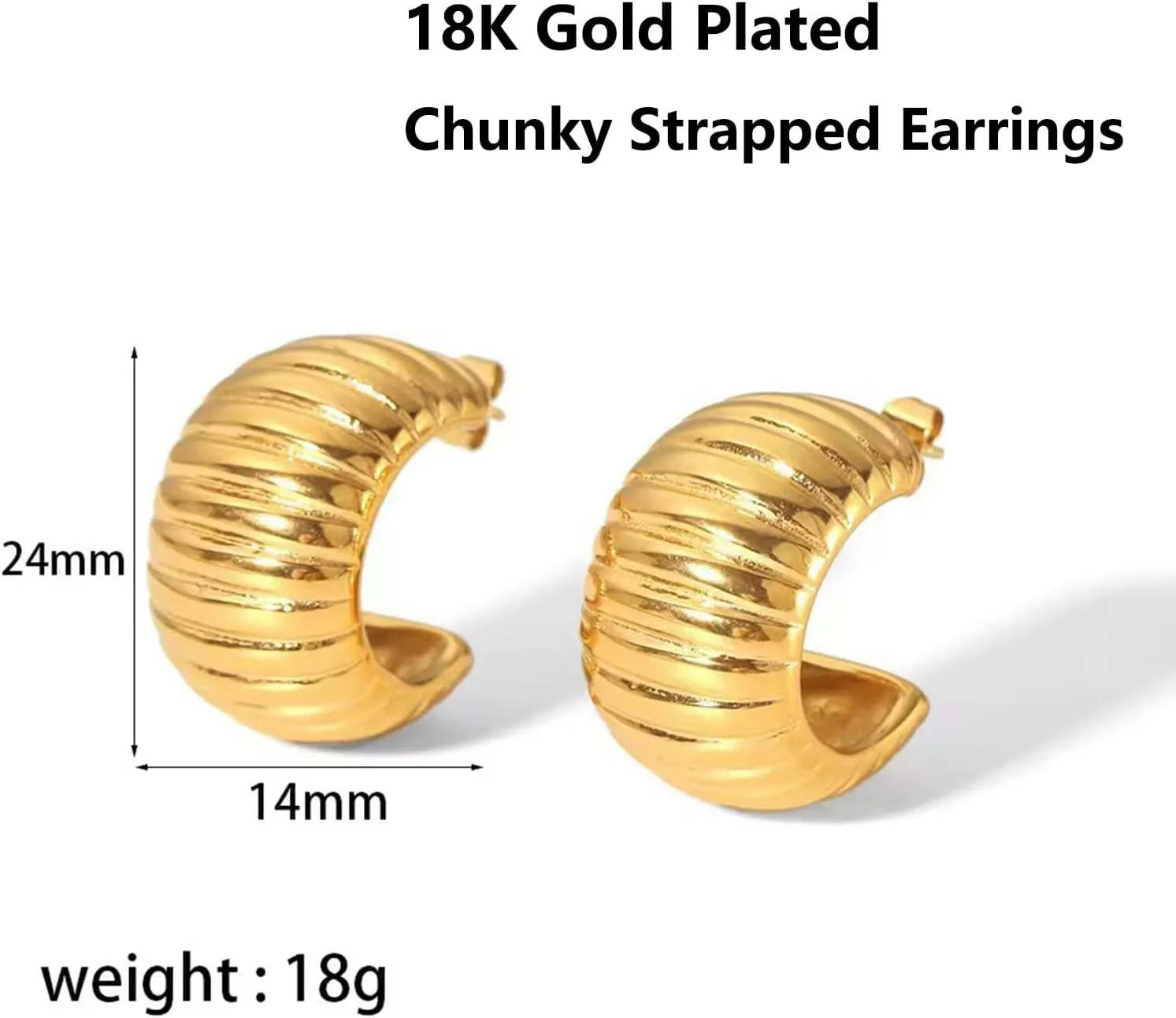 Chunky Gold Earrings for Women, 18k Gold Plated Chunky Hoops, Trendy Statement Large Gold Hoop Earrings Studs