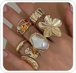 Chunky Gold Rings for Women Stackable Knuckle Ring Set Adjustable Gold Pearl Dome Rings Set Geometric Chunky Statement Bold Fashion Rings for Women