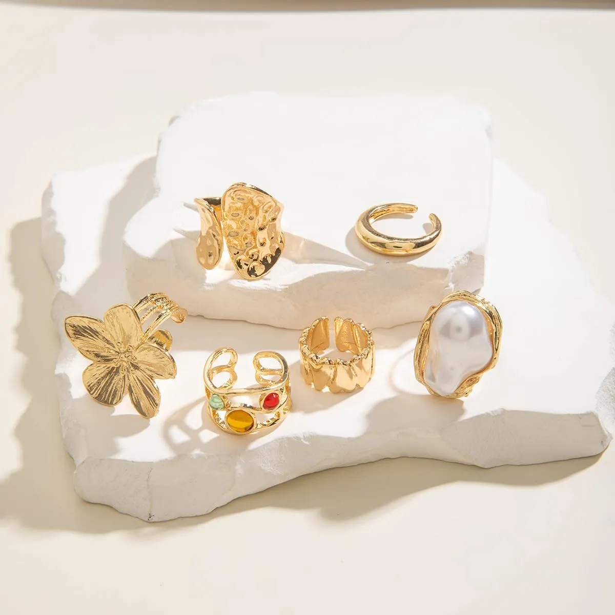 Chunky Gold Rings for Women Stackable Knuckle Ring Set Adjustable Gold Pearl Dome Rings Set Geometric Chunky Statement Bold Fashion Rings for Women