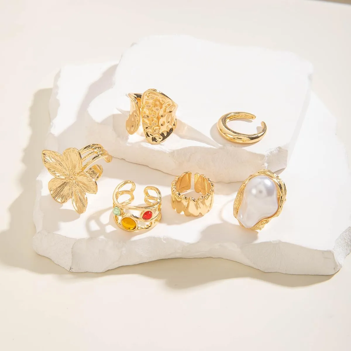 Chunky Gold Rings for Women Stackable Knuckle Ring Set Adjustable Gold Pearl Dome Rings Set Geometric Chunky Statement Bold Fashion Rings for Women