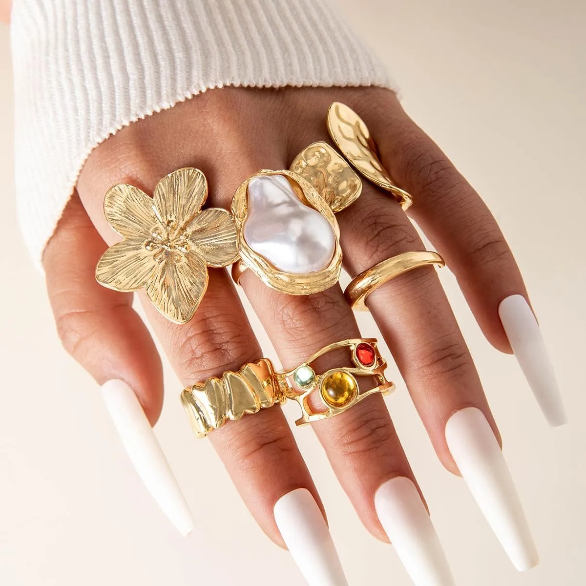 Chunky Gold Rings for Women Stackable Knuckle Ring Set Adjustable Gold Pearl Dome Rings Set Geometric Chunky Statement Bold Fashion Rings for Women