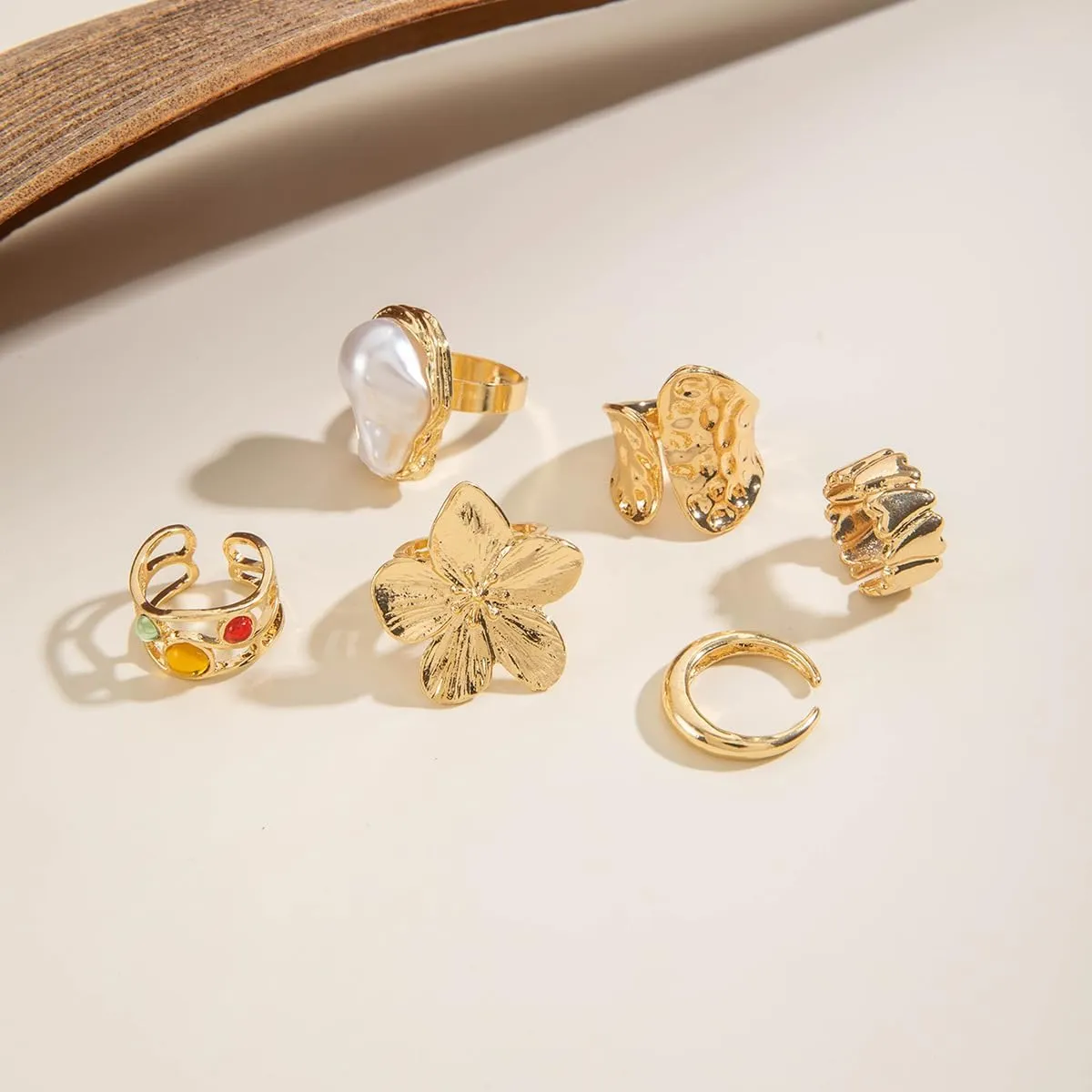 Chunky Gold Rings for Women Stackable Knuckle Ring Set Adjustable Gold Pearl Dome Rings Set Geometric Chunky Statement Bold Fashion Rings for Women