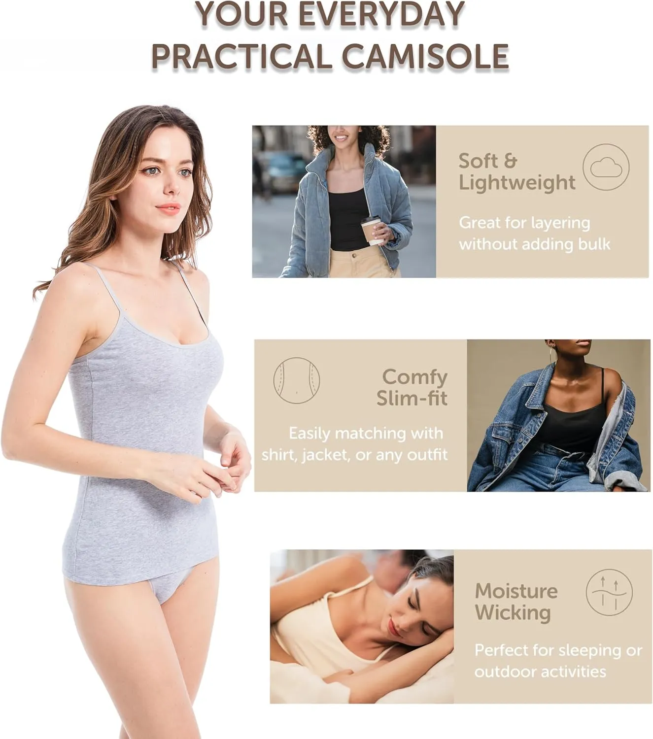 Comfneat Women's 4-Pack Slim-Fit Camisoles Cotton Adjustable Spaghetti Strap Top Underwear