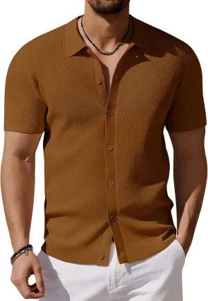 COOFANDY Men's Vintage Knit Shirt Short Sleeve Button Down Polo Shirts for Summer Casual & Vacation