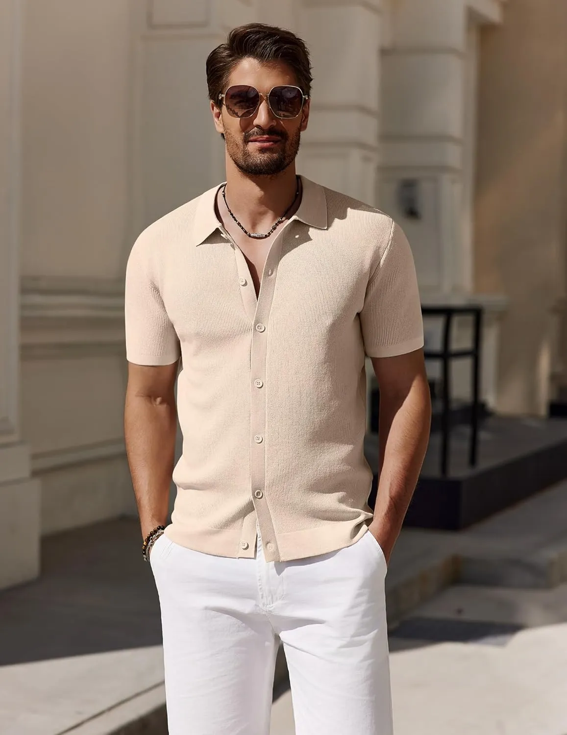 COOFANDY Men's Vintage Knit Shirt Short Sleeve Button Down Polo Shirts for Summer Casual & Vacation