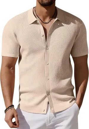 COOFANDY Men's Vintage Knit Shirt Short Sleeve Button Down Polo Shirts for Summer Casual & Vacation