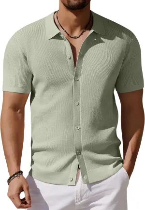 COOFANDY Men's Vintage Knit Shirt Short Sleeve Button Down Polo Shirts for Summer Casual & Vacation